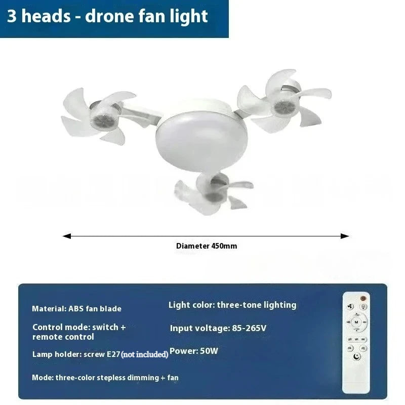 LED Silent Drone Fan Light with E27 Screw Creative 3/4/5 Head Remote-Controlled 3-Speed Adjustable for Home Living Room Bedroom