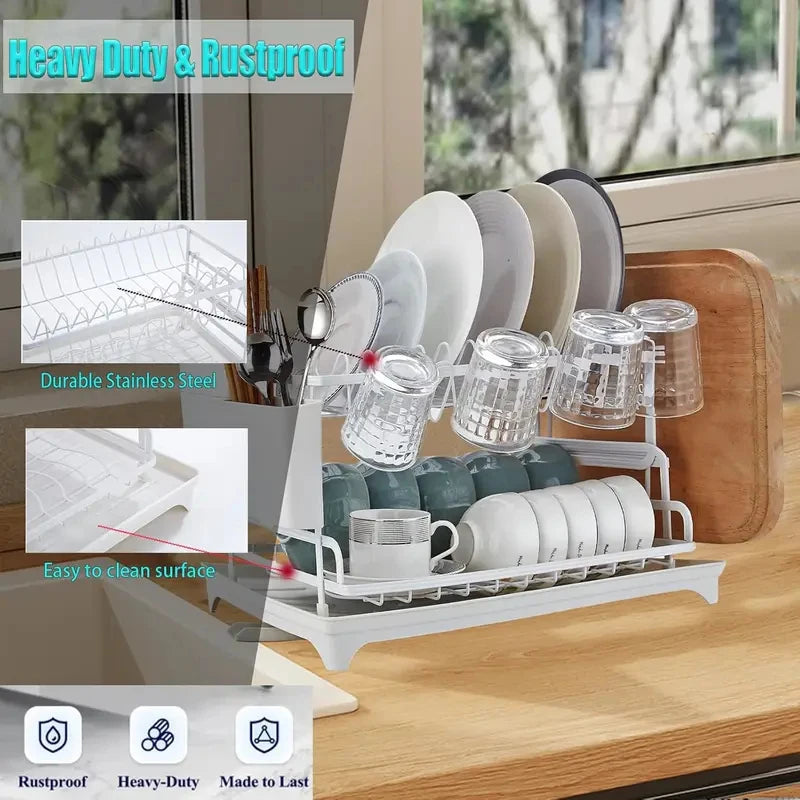 Home Household Under-Sink Organizer 2 Tier 360° Swivel Dish Drying Rack with Drainboard Utensil Holder No-Drill Metal