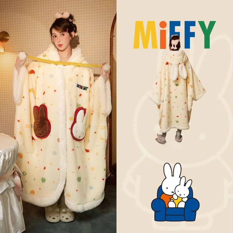 Kawaii Miffy Bunny Plush Hooded Sleepwear Thickened Velvet Fleece Women Cozy Home Wear Nightgown Outwear Thermal Capable Pajama