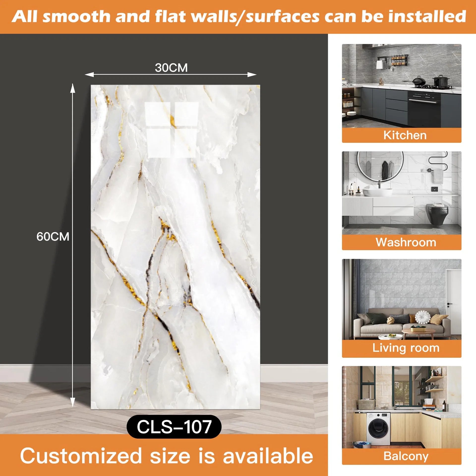 30x60/30cm Kitchen Self Adhesive Marble Tiles Wall Stickers Waterproof PVC Floor Tile Sticker Living Room Bathroom Decor